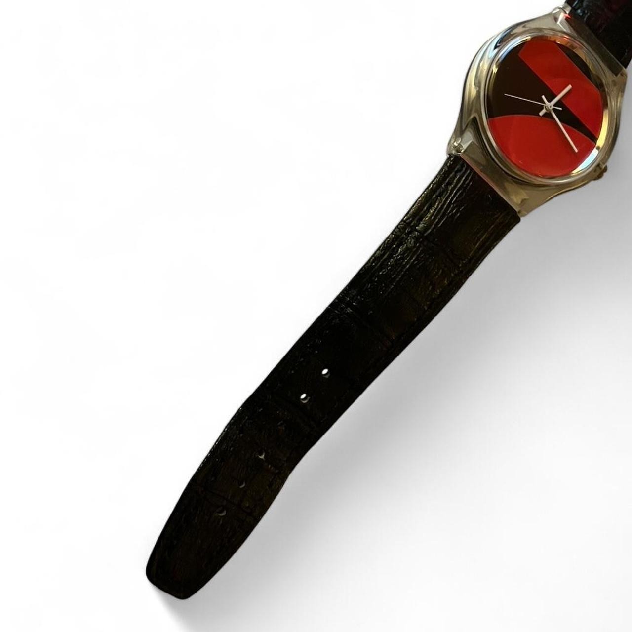 Vintage Clear Art Watch – Red & Black Abstract Design – Needs Battery Sold AS IS