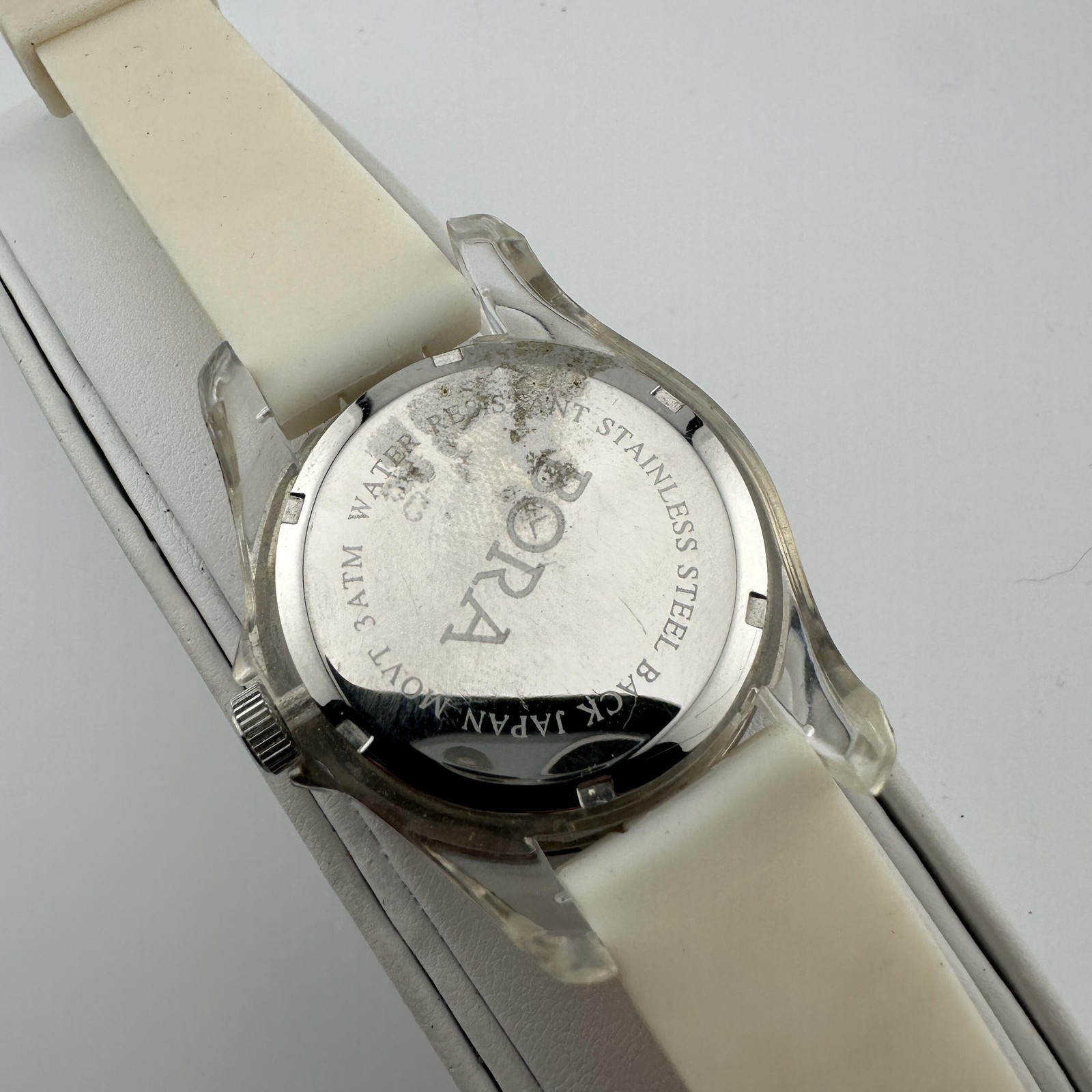BORA Womens Watch 38mm White MOP Dial Crystal Bezel Silicone Band Quartz