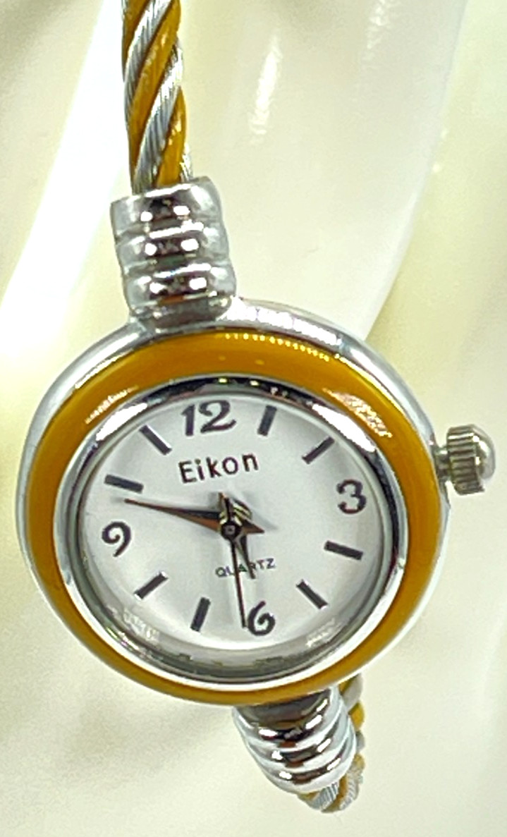 Watch Eikon Quartz White Face, Silver Numbers, 7′ Gold/Steel Twist Bracelet