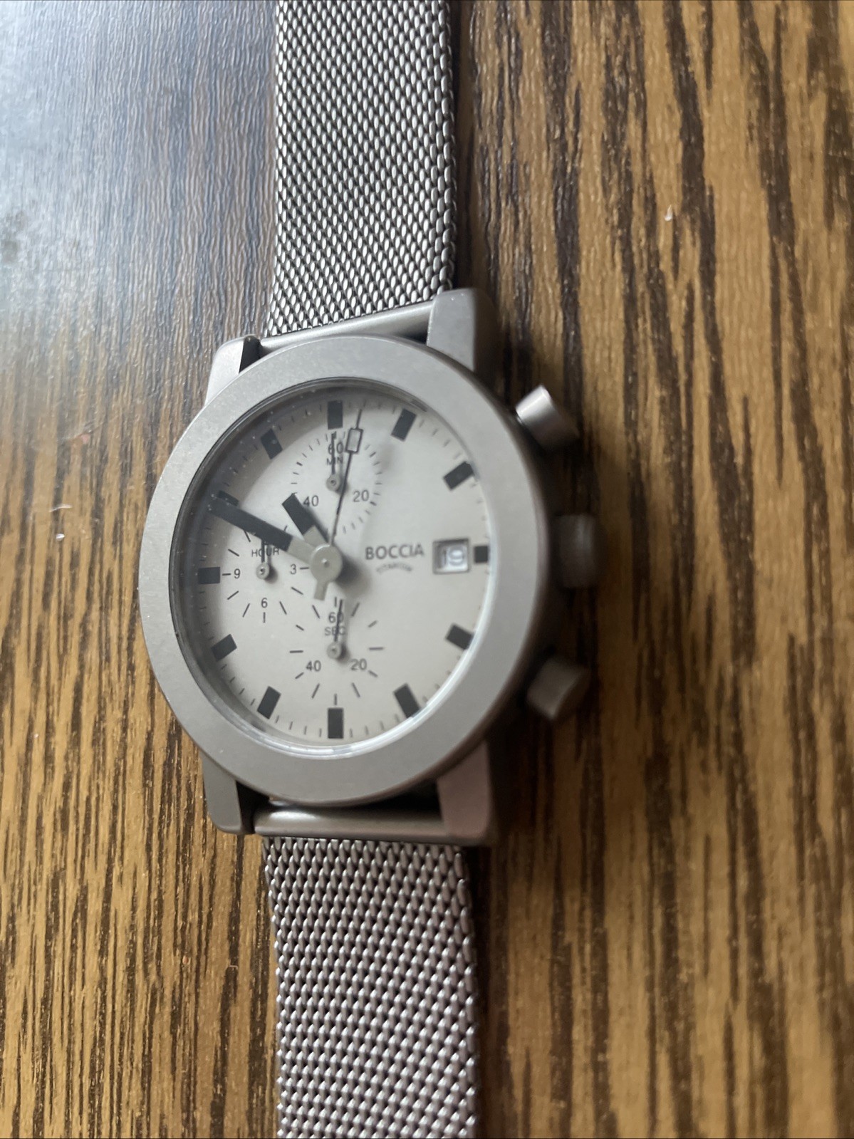 Vintage Rare Boccia Titanium Watch Silver on Silver Mesh Clasp Band Black Hands