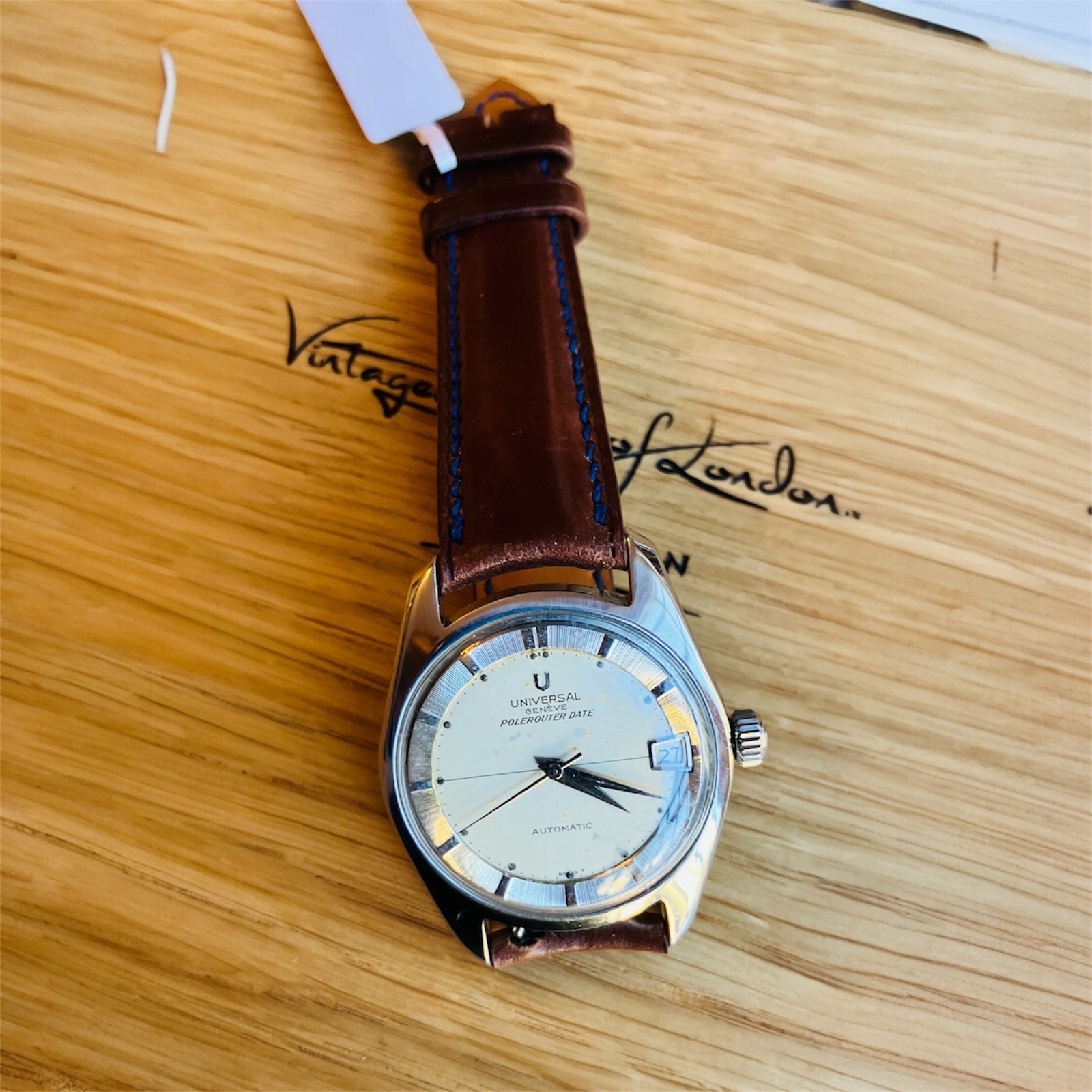 Universal Geneve Polerouter Auto Date ST 35mm case Cream Index dial Strap 1960