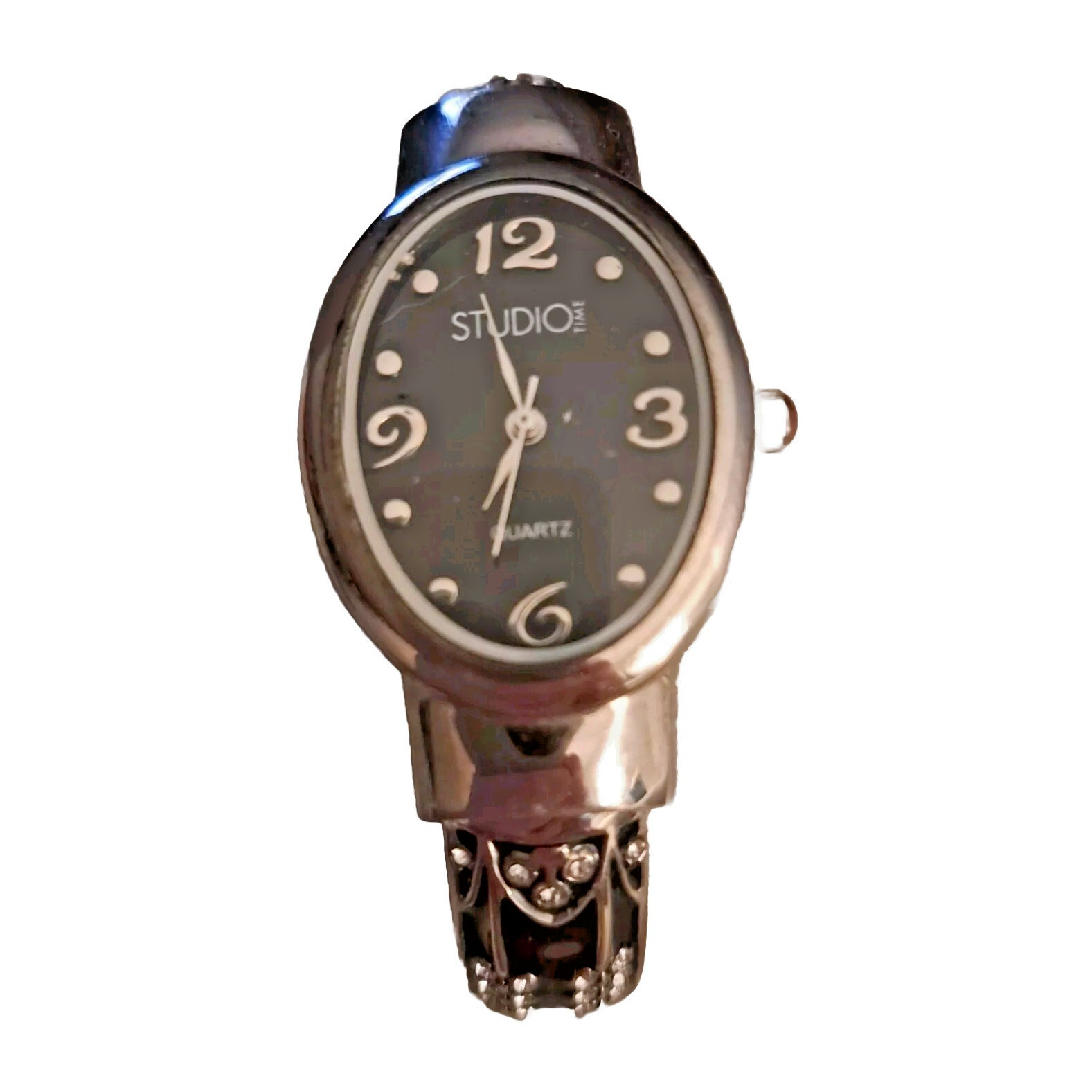 Studio Women’s 8″ Cuff Bangle Watch Silvertone Black Gemmed Band New Battery