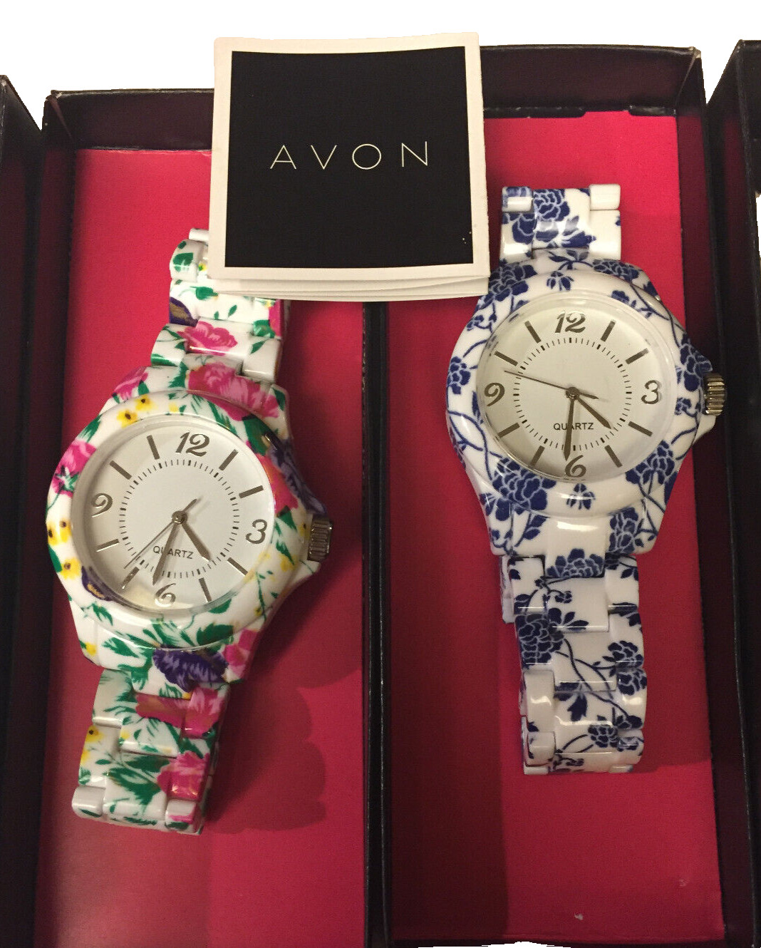 Avon Vintage Floral White Light weight Deployant Clasp, Watch Pair new in box