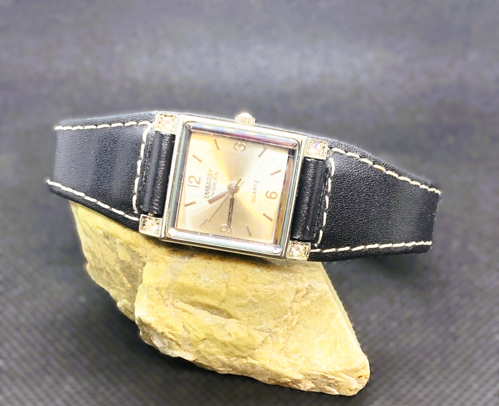 Embassy/Gruen GEM1647L Gemmed Bezel/Square/Silver/Black Leather Women’s Watch