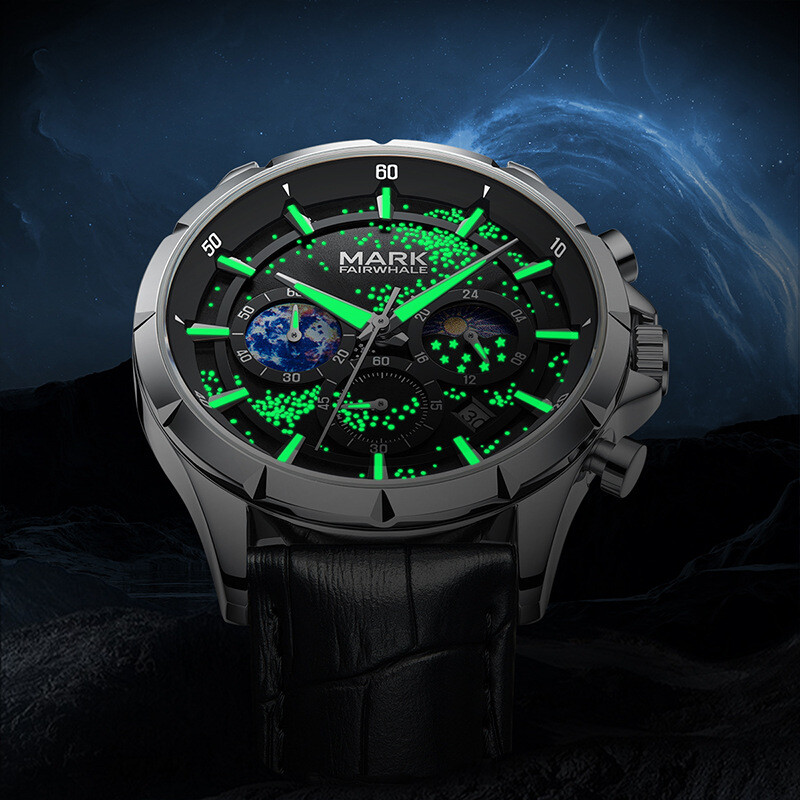 MARK FAIRWHALE Cosmic Stars Moon Phase Calendar Luminous Waterproof Quartz Watch