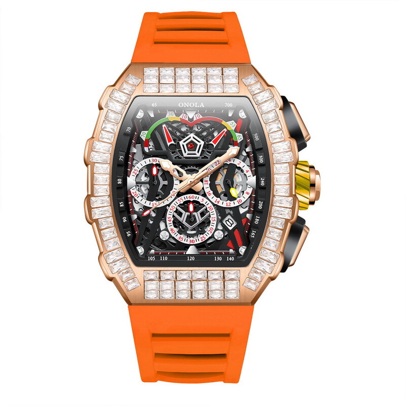 ONOLA Tonneau Hollow Pavé CZ Multifunction Week/Month Automatic Mechanical Watch