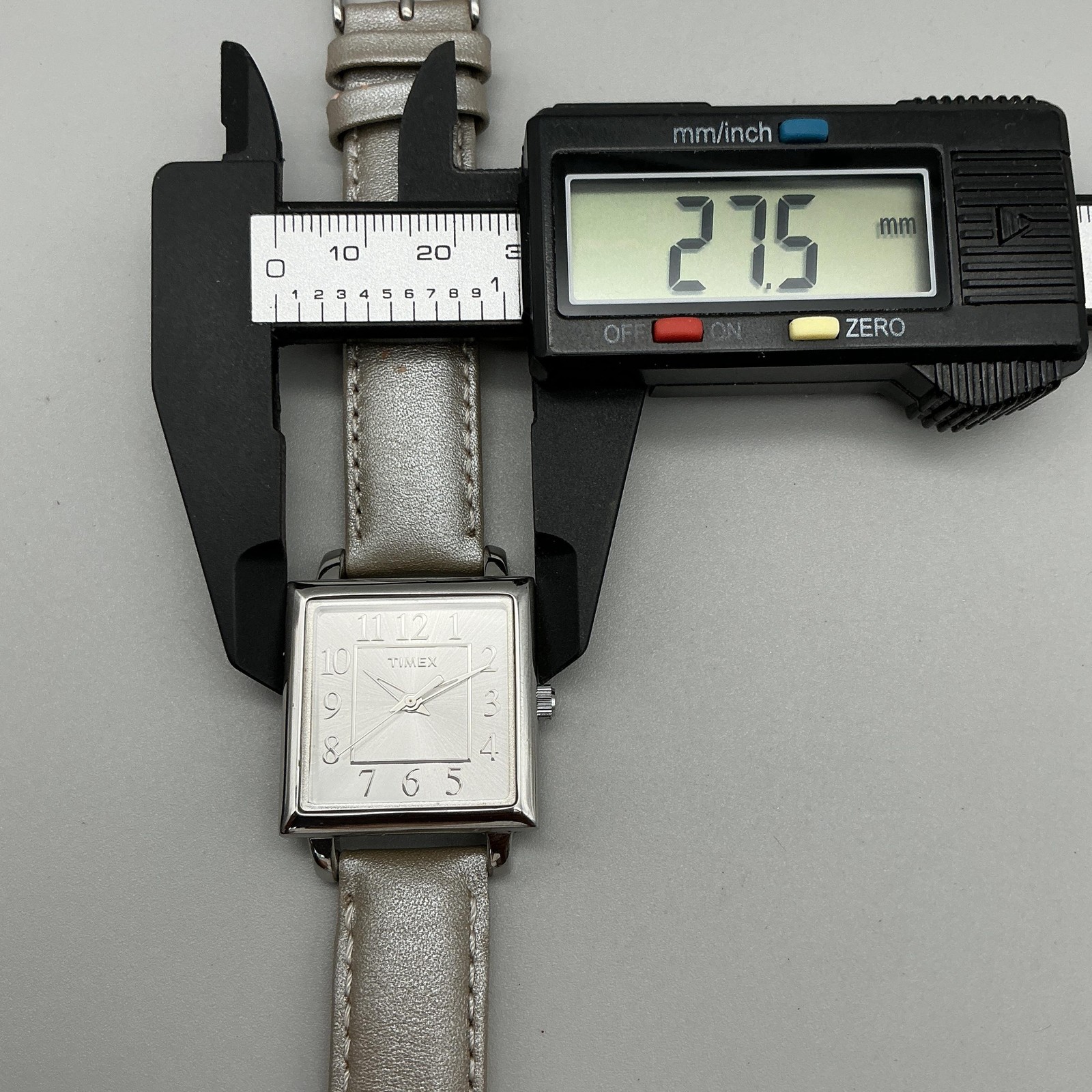 Timex Womens Watch 28mm Silver Tone Gray Leather T2P095 Square Dial