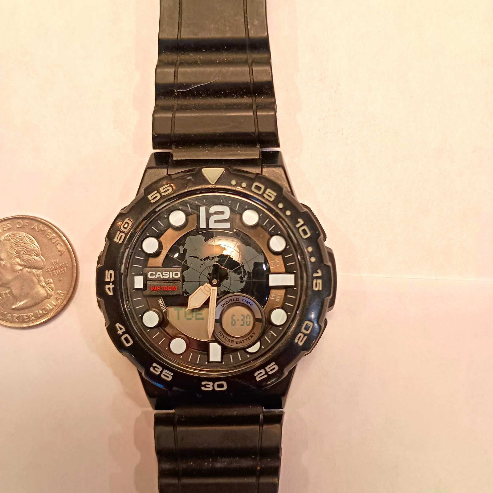 Casio World Time Analog-Digital Quartz 100m Black Resin Strap Wristwatch