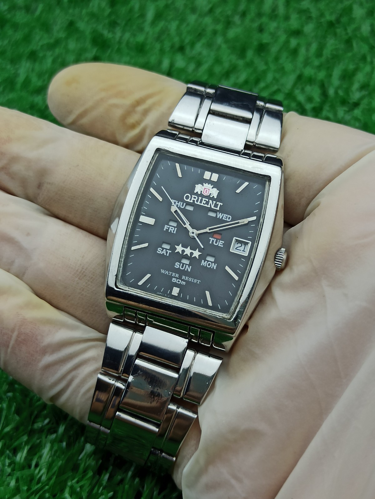 RARE Vintage Orient 3 Star Automatic Multi-Eye Day Date Rectangular Men’s Watch