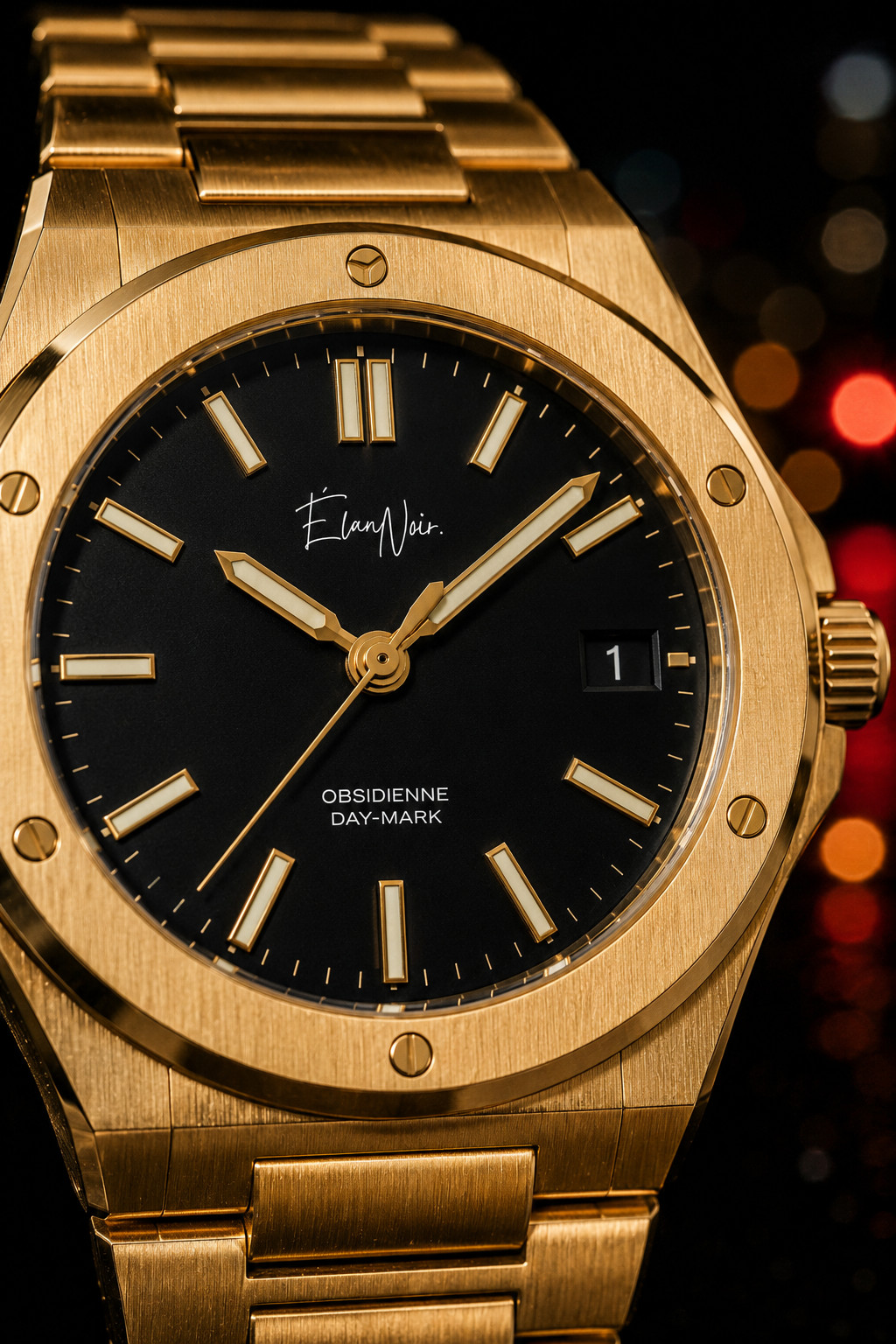Élan Noir Day-Mark Automatic Mens Watch Gold Black Dial Sapphire Steel 41mm