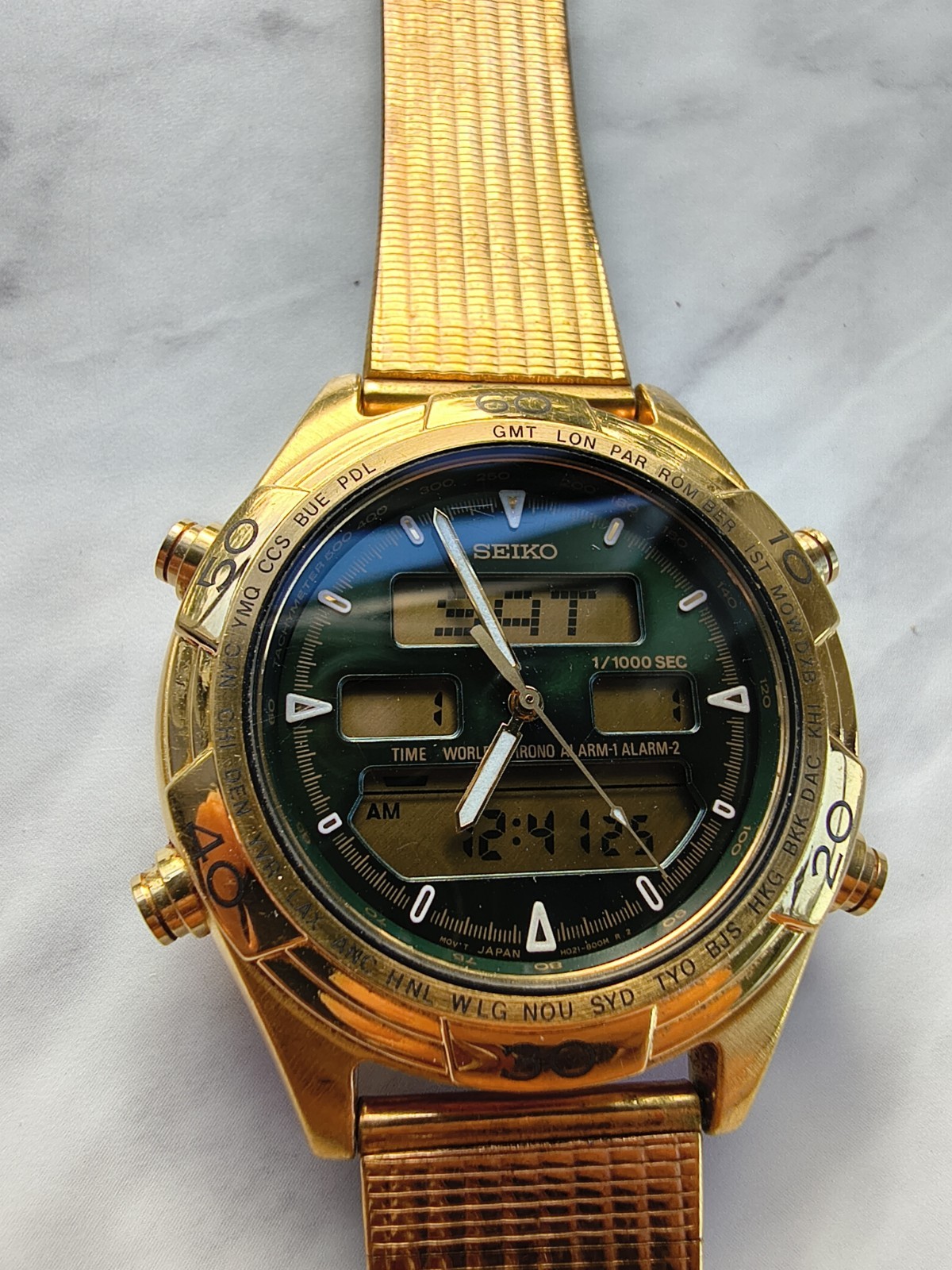 Seiko H021-8021 World Timer Ana-Digi Gold Tone Alarm Chronograph Watch Running