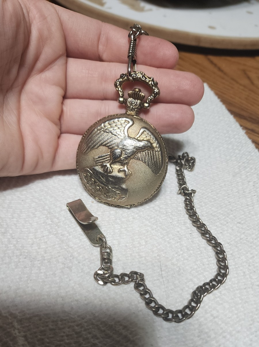 watch-it Quartz Full Hunter Pocket Watch Gold Tone White Dial Chain