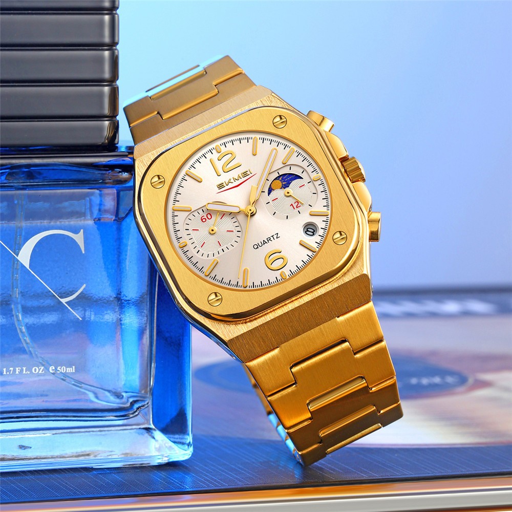 SKMEI Men Quartz Watch Multifunction Stopwatch Gold Steel Wristwatch Male Watch