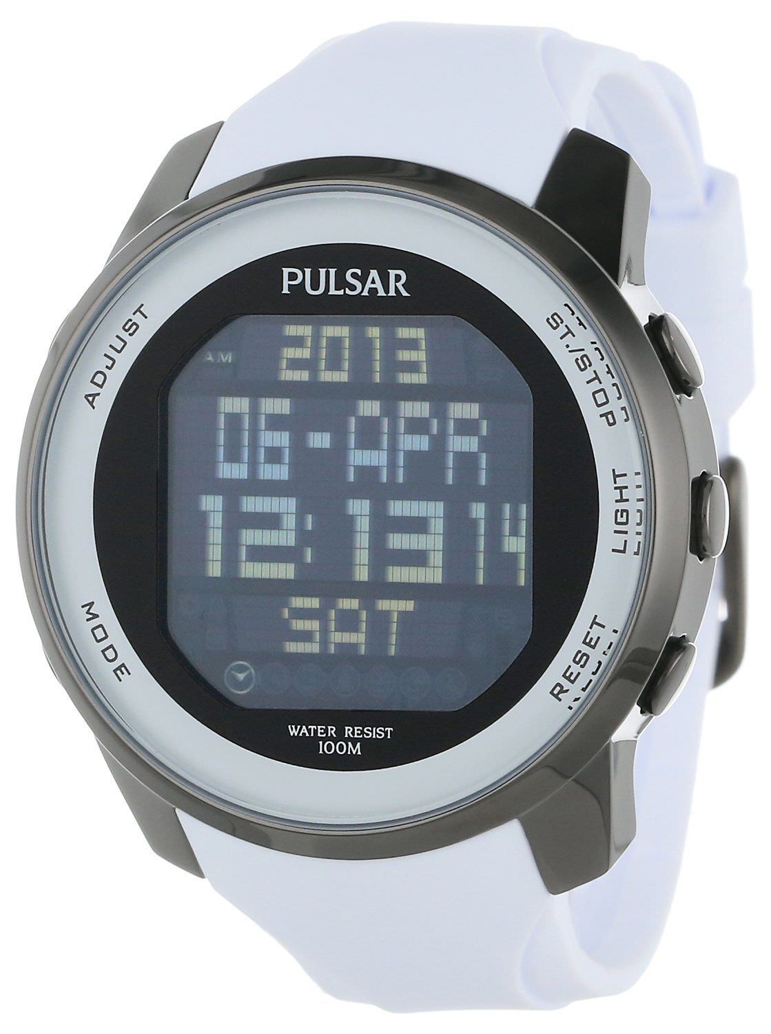 PULSAR WORLD TIME DIGITAL CHRONOGRAPH BLACK DIAL WHITE RUBBER MENS WATCH PQ2015