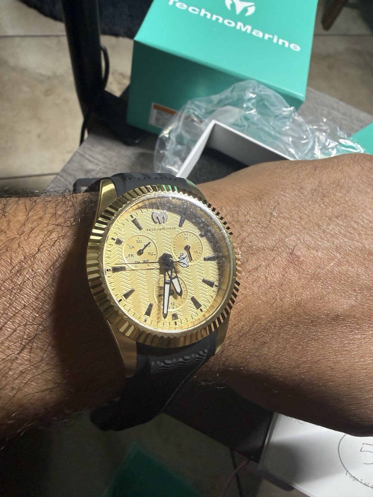 TechnoMarine Quartz Day/Date 50m Gold Dial Gold Case Black Rubber 38mm Box