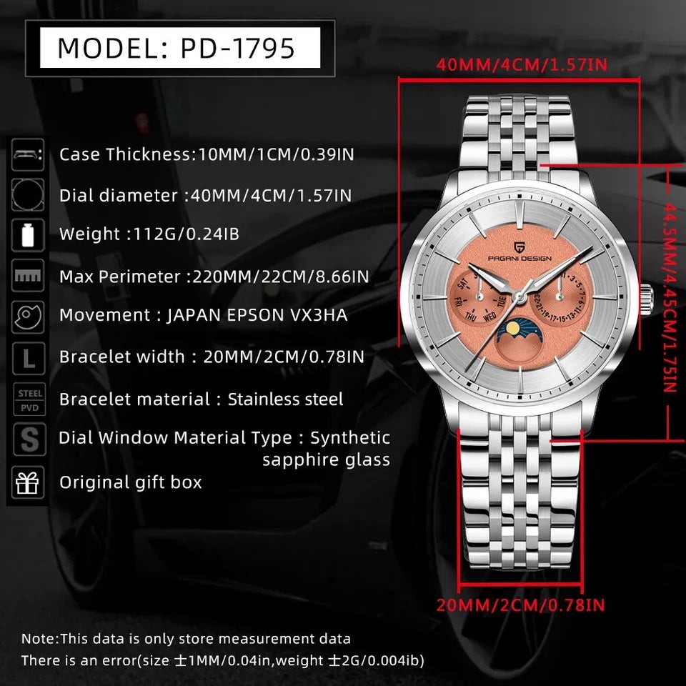 Pagani Design PD-1795 Silver Black Moonphase Stainless Steel Men’s Watch