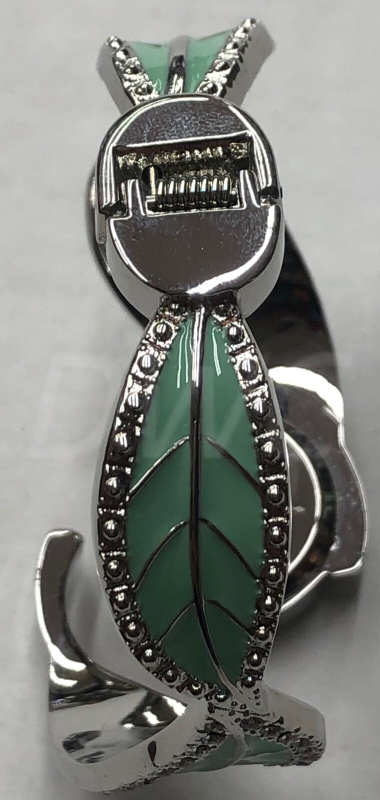 Studio Time Watch Women Silver Tone Green Resin Leaf Hinged Cuff