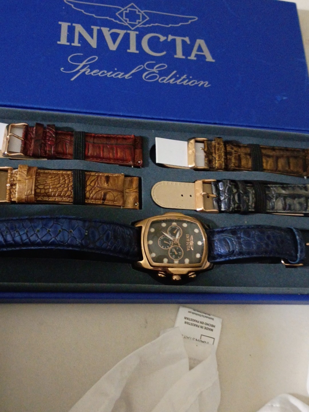 Invicta Men’s Tonneau Chronograph Quartz Watch Blue Leather Strap Set w/ Box