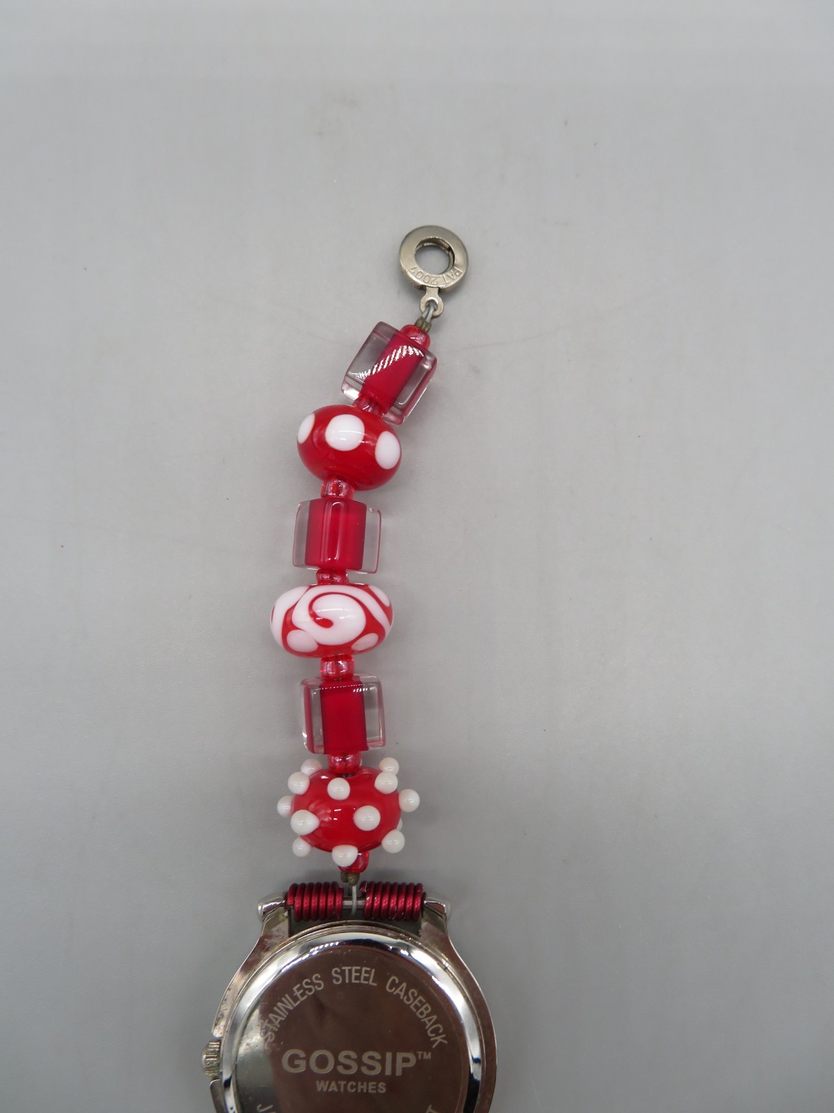 Unusual Gossip Watch Red, White & Clear Beaded Band Gemstone Bezel New Battery