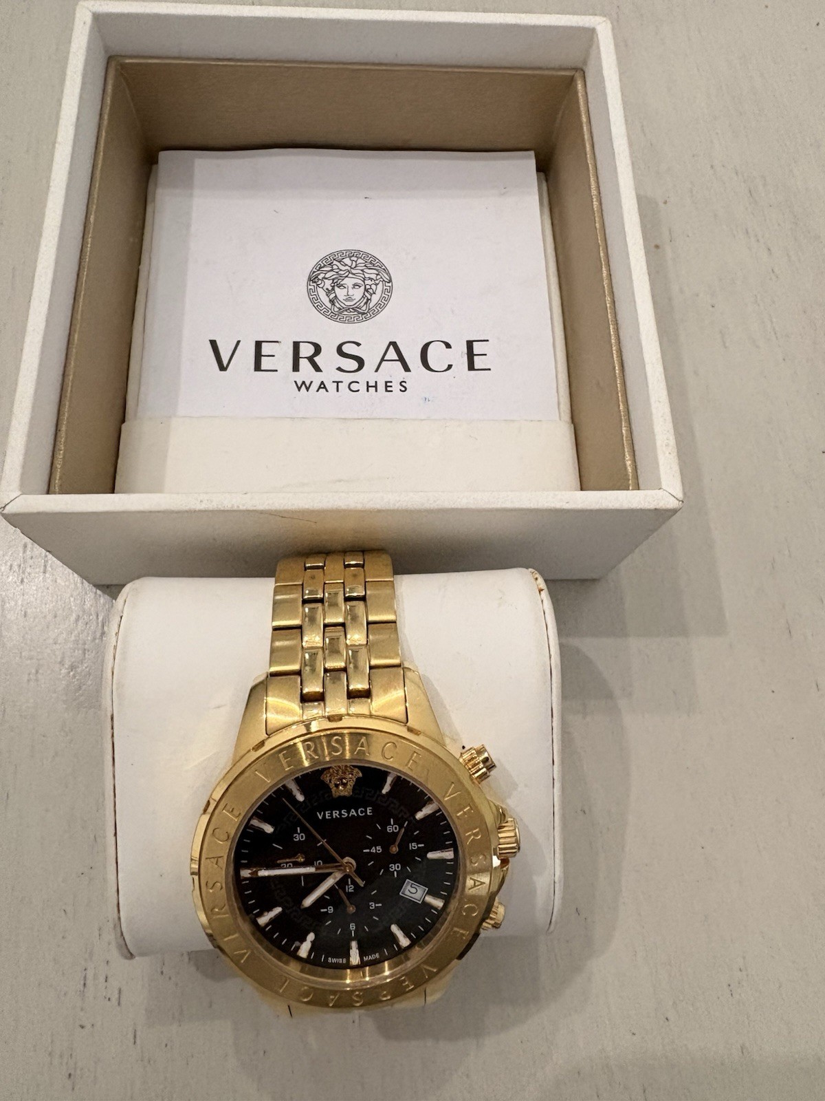 Versace Men’s Quartz Chronograph Date Black Dial Gold-Tone Bracelet Box Manual