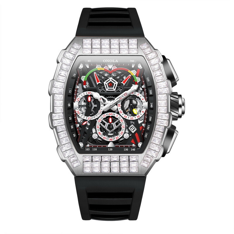 ONOLA Tonneau Hollow Pavé CZ Multifunction Week/Month Automatic Mechanical Watch