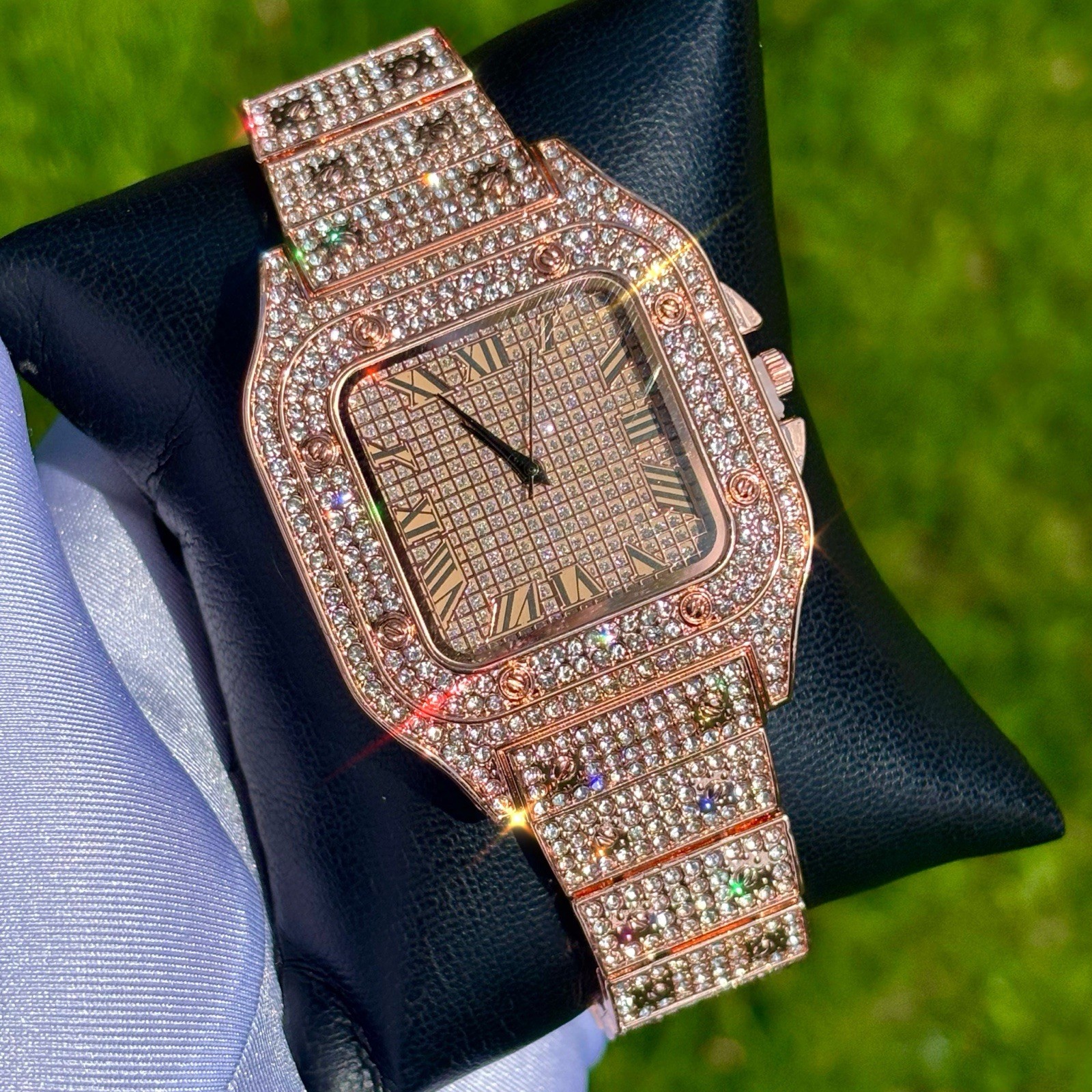 VVS Roman Numerals Square Dial Iced Out Diamond Watch Hip Hop Watch Rose Gold