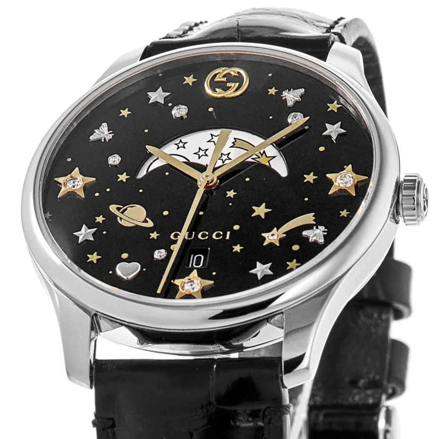 New Gucci G-Timeless Black Diamond Dial Leather Strap Women’s Watch YA1264091