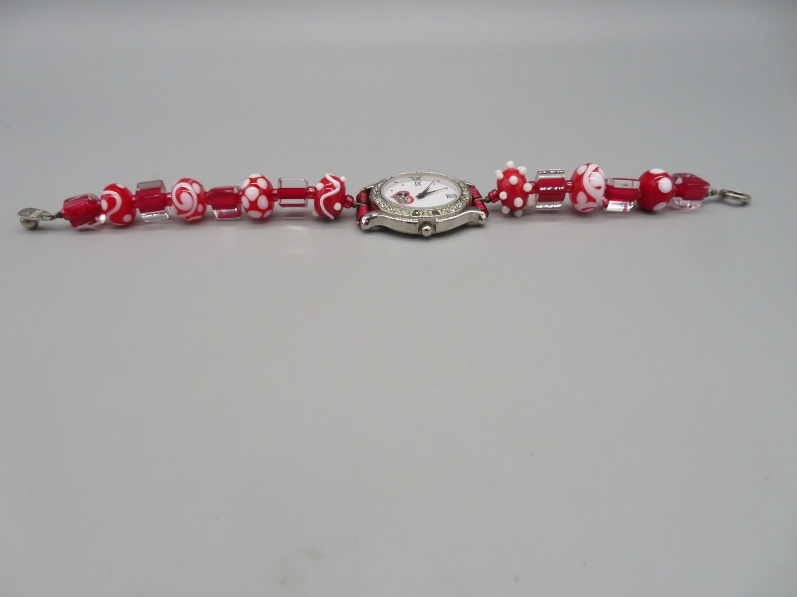 Unusual Gossip Watch Red, White & Clear Beaded Band Gemstone Bezel New Battery