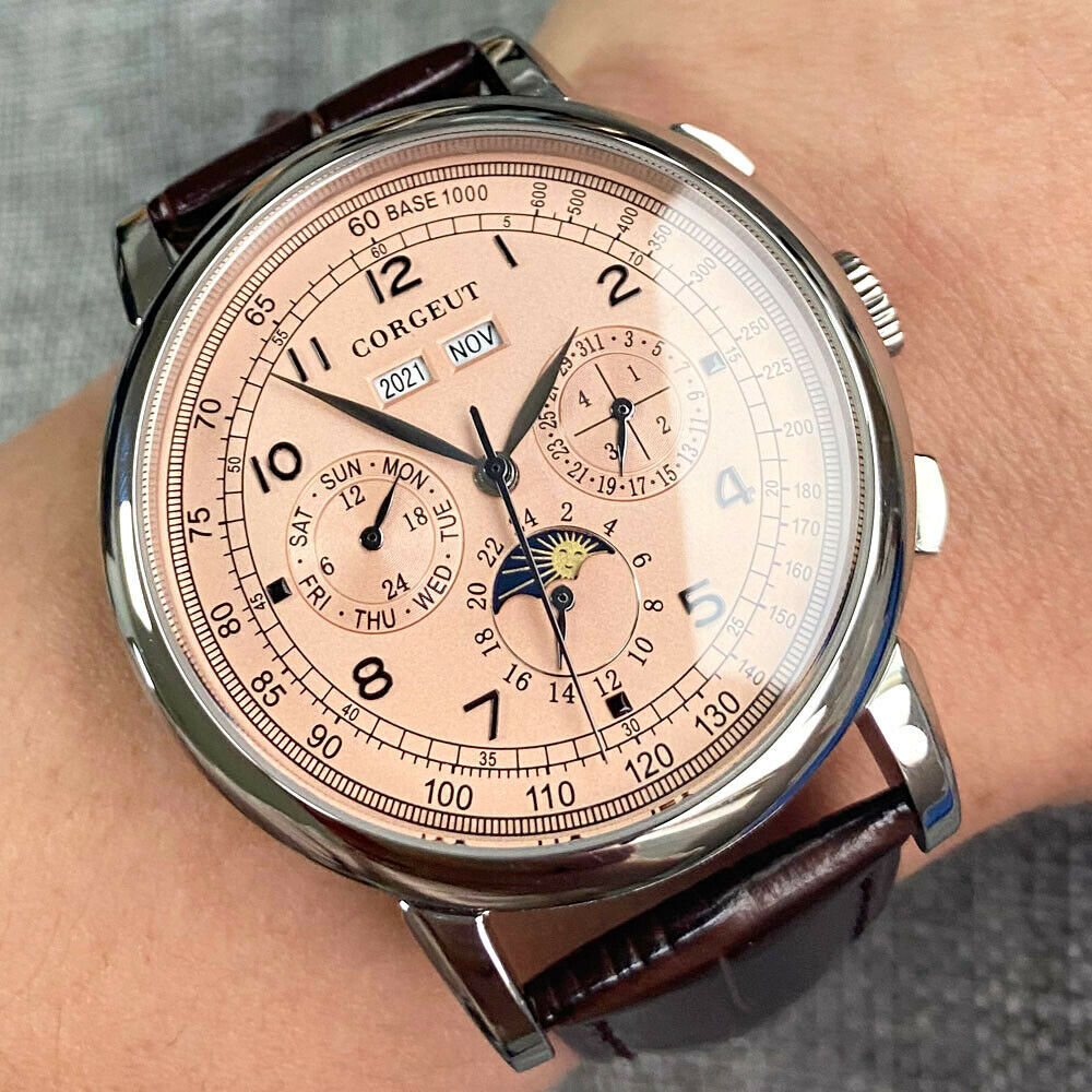 42mm corgeut sterile pink dial day multifunction Sea-gull automatic mens watch