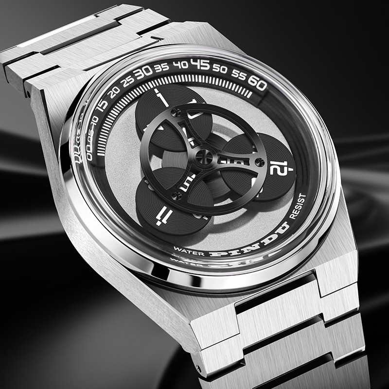 PINDU Men’s Automatic Watch Unique Rotating Disc Dial Miyota 8215 Luminous Leath