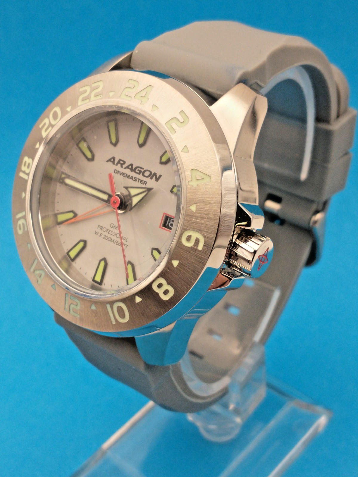 New ARAGON Divemaster 200M Men’s Watch, A069 GMT, 45mm, Date Window, New Battery