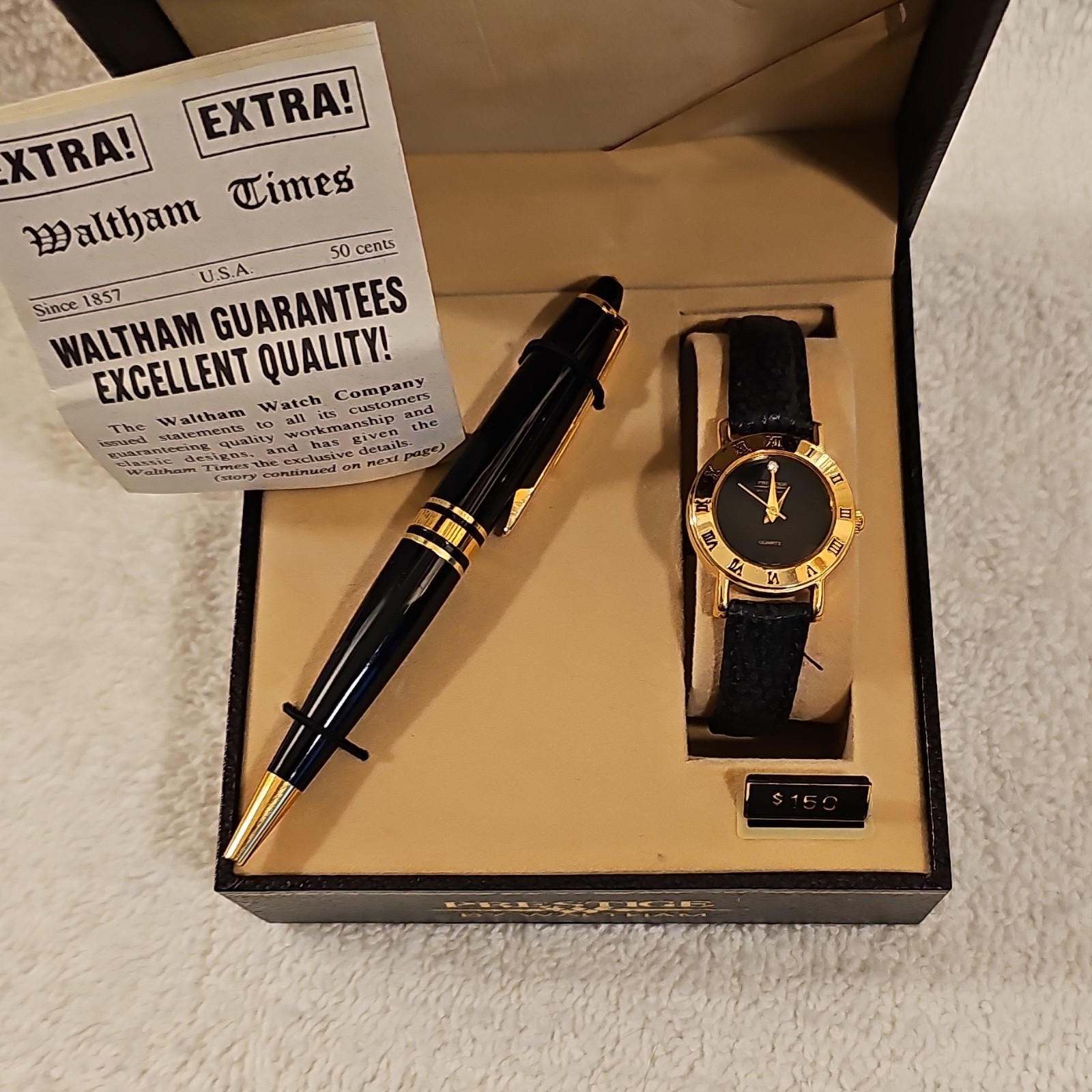 Waltham Prestige Women’s Quartz Watch Black Dial Gold Case Black Leather Strap