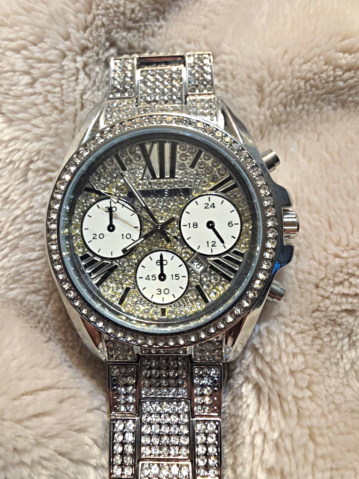 Women’s Dress Analog Chronograph Date Silver Bracelet Gem-Set Bezel Watch