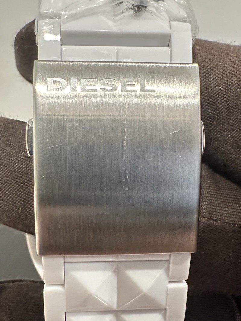 Diesel DZ-1645 Unisex Stud Black Dial White Band Watch (New No Box)