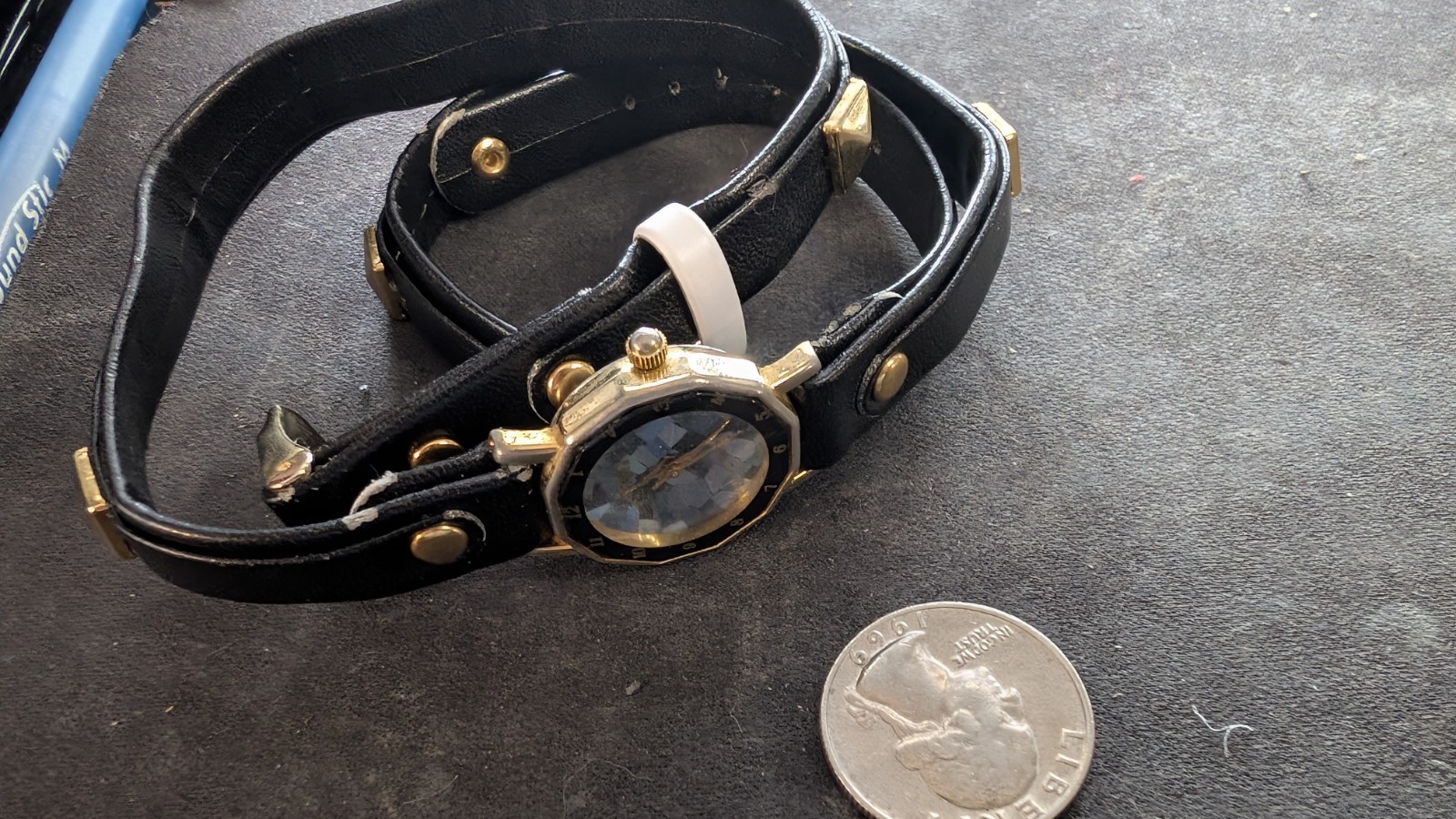 Vintage Gitano Quartz Wrap Watch Black Stud Strap Gold Tone 80s Glam Rock Style