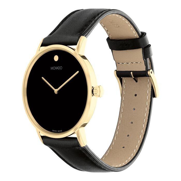 MOVADO Swiss Museum Classic Black Dial Men’s Gold Slim Leather Strap Watch