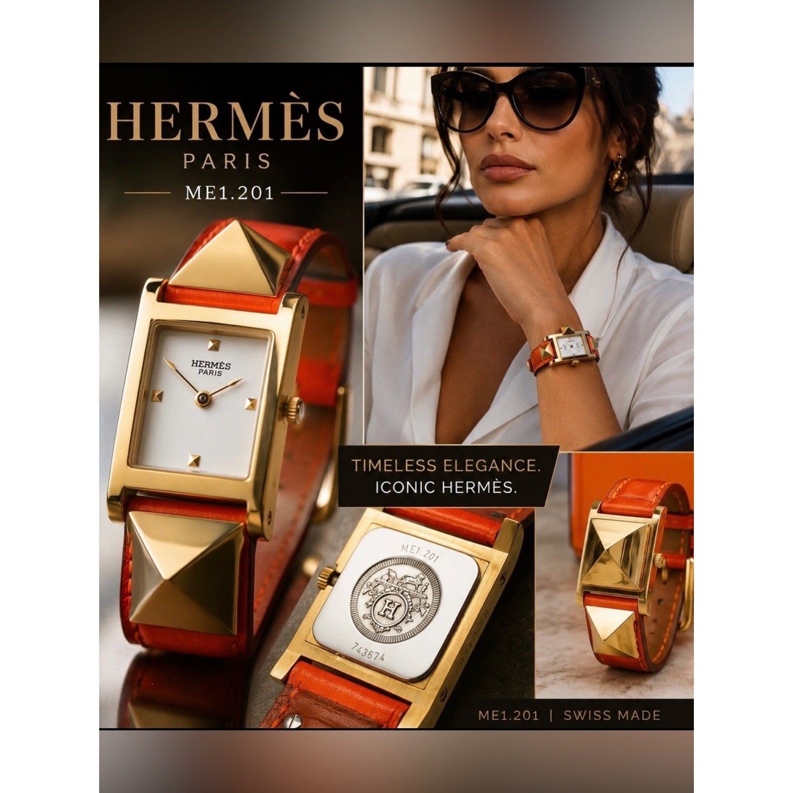 Hermès ME1.201 Gold Pyramid Stud Watch with Orange Leather Strap