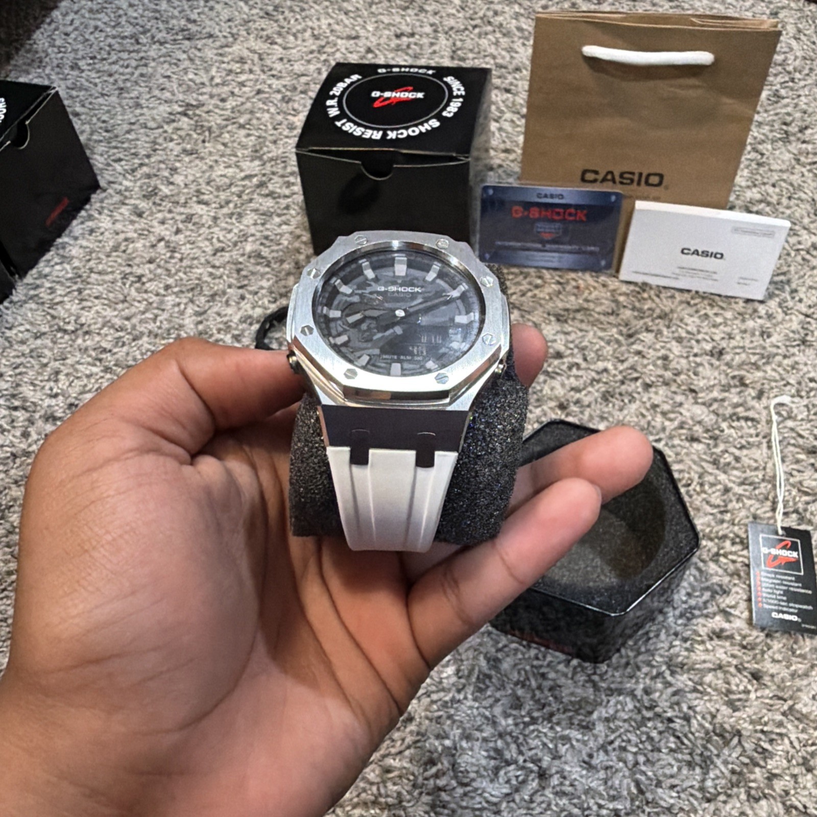 Casio G-Shock GA-2100 Custom Casioak Black And Grey With White Band. With Band