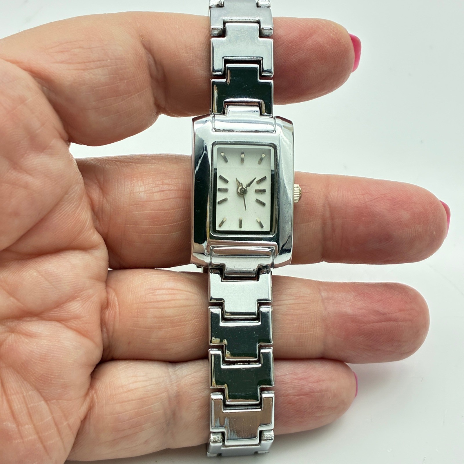 Stainless Steel Quartz Watch Silver Tone Rectangular New Battery Runs