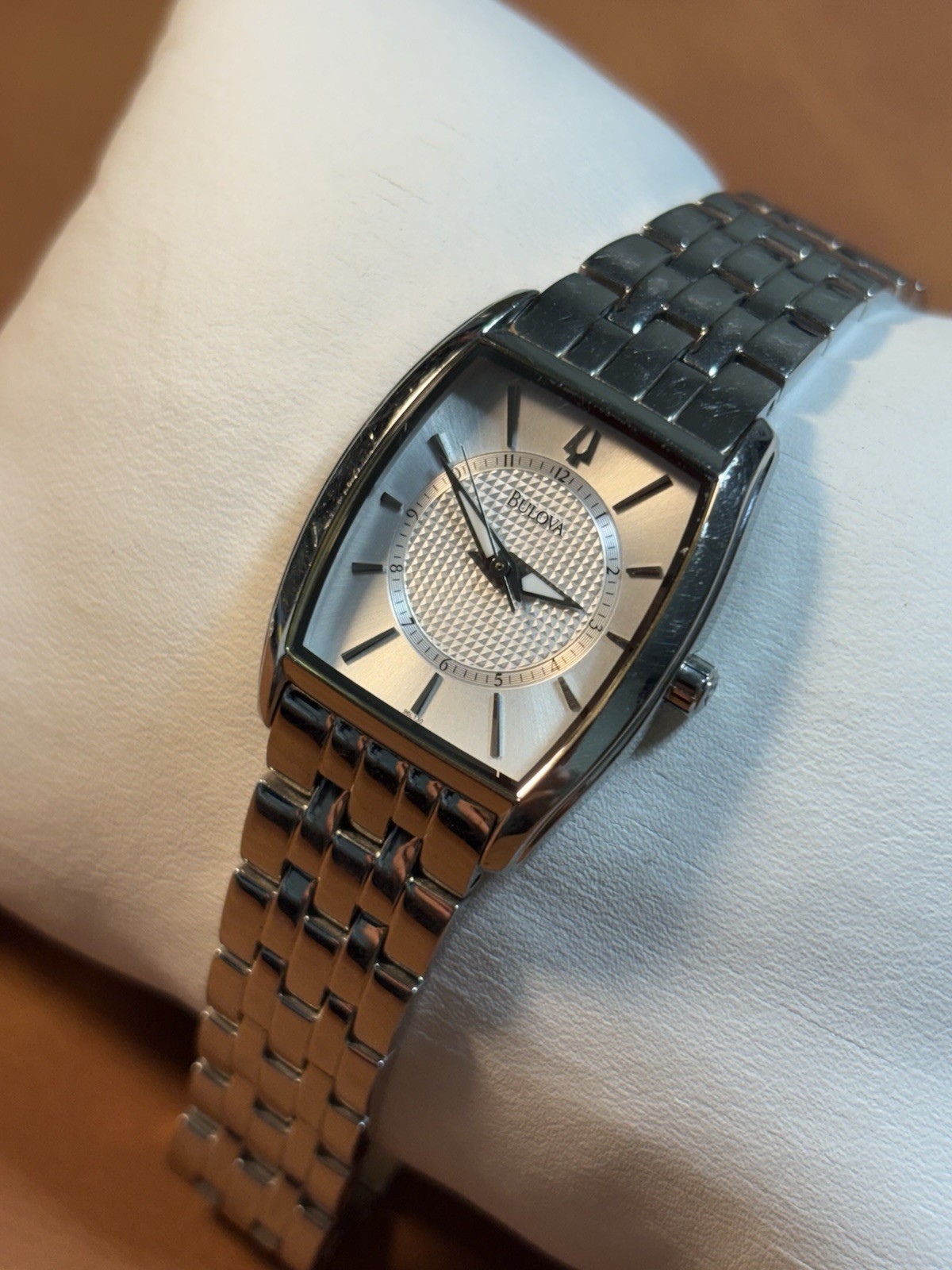 Bulova Women Dress Watch 26mm Silver Tone Tonneau Shaped Ladies 6” WristWatch