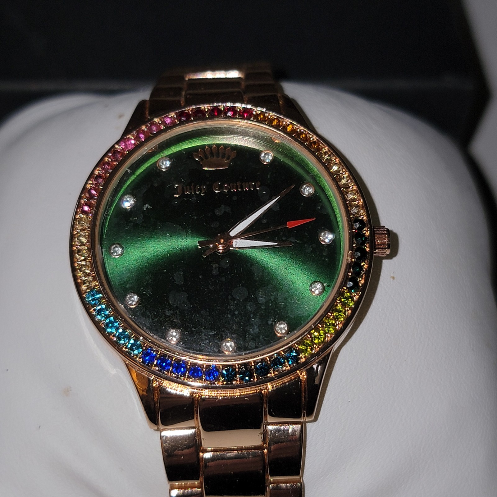 Juicy Couture Black Label Watch Rainbow & White Crystals Green Face Rose Gold