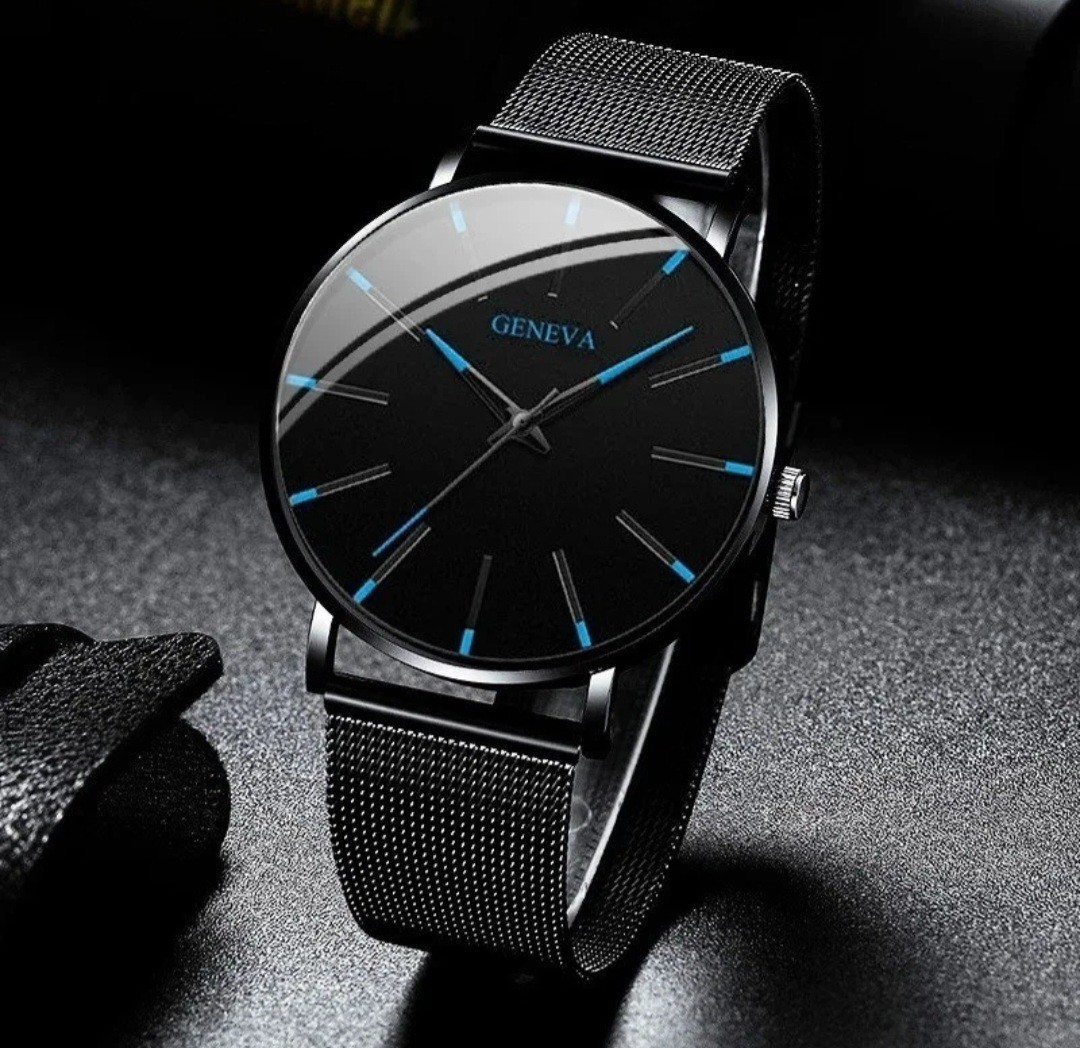 Geneva Men’s Quartz Analog Watch 40mm Black Mesh Band Black/Blue Dial
