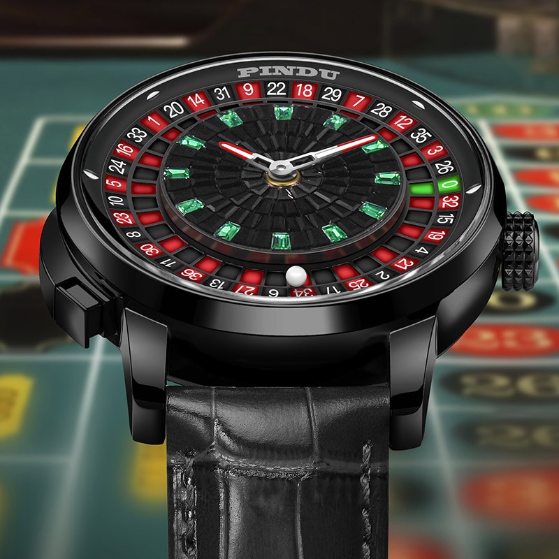 PINDU Men’s Luxury Mechanical Watch Roulette Dial Sapphire Crystal Black Steel