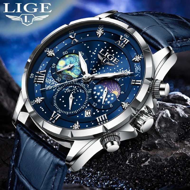 LIGE Luxury Quartz Men’s Watch Leather Strap Date Waterproof Luminous Wristwatch