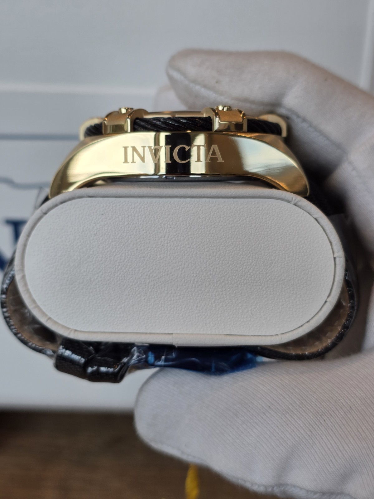 Invicta Bolt Ace Chronograph Quartz Gold Dial Black Leather Men’ Wristwatch 52mm