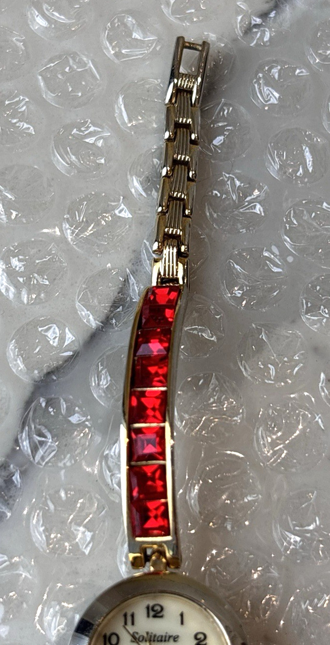 Dazzling Solitaire Two-Tone Ladies Watch Red Stone Inlay, Gifts for Her