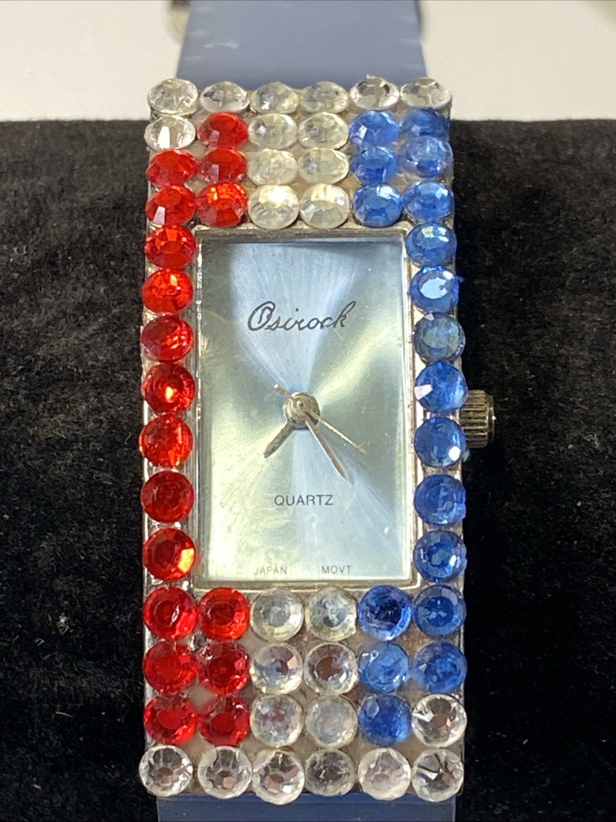 OSIROCK Clear Band Watch/ Red White & Blue RHINESTONE ACCENTS W/New Battery