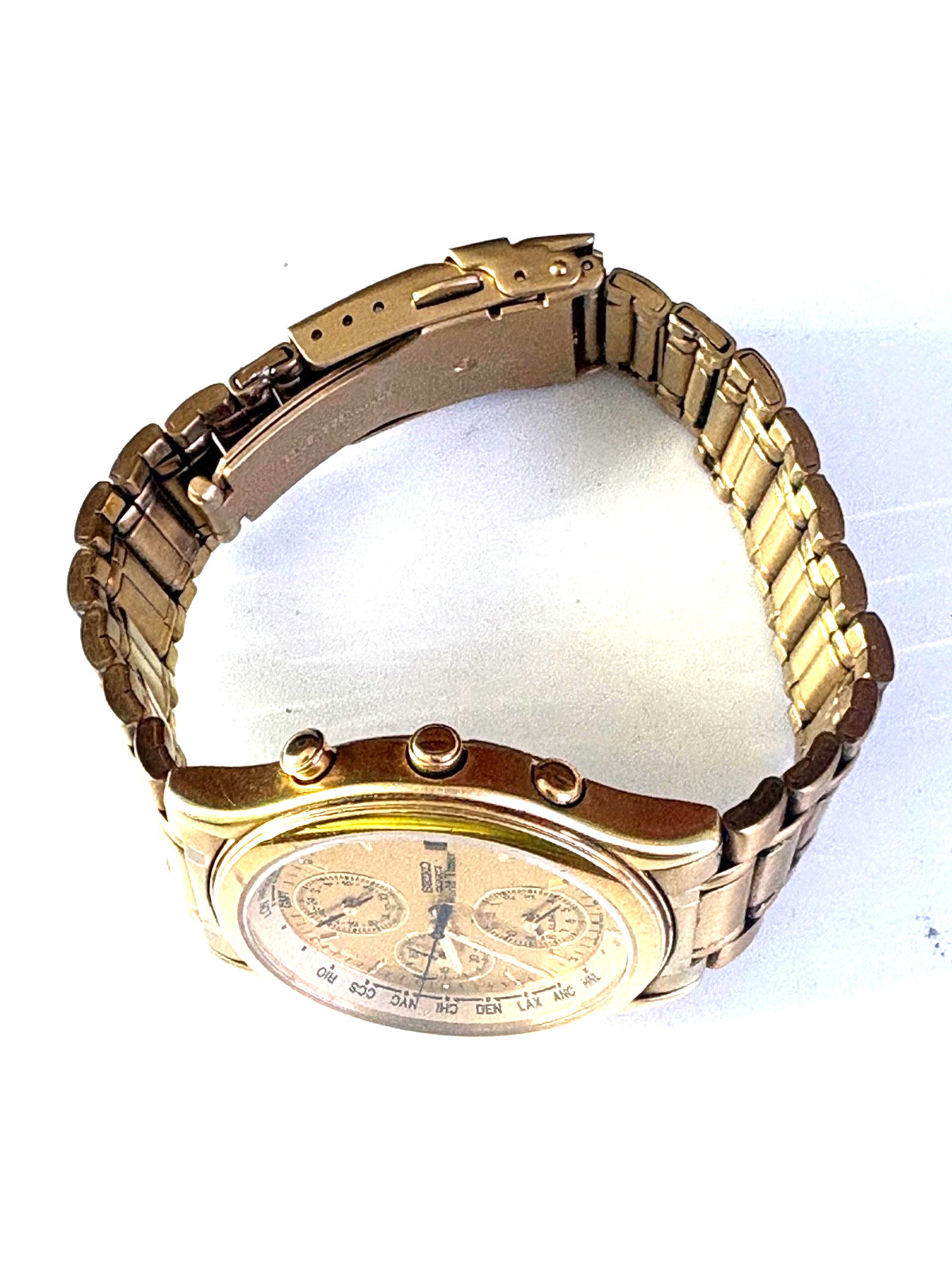 VINTAGE SEIKO WORLD TIMER 5T52-6A29 DUAL TIME ALARM GOLD TONE QUARTZ MENS WATCH