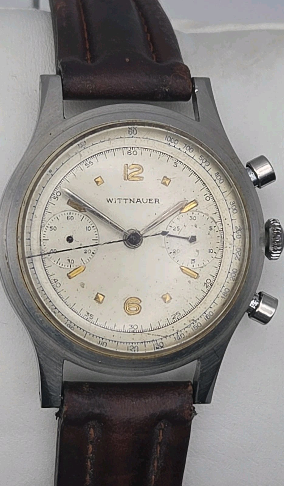 Vtg 1950s Wittnauer 36mm SS Case Two Register Chronograph Original Dial Watch