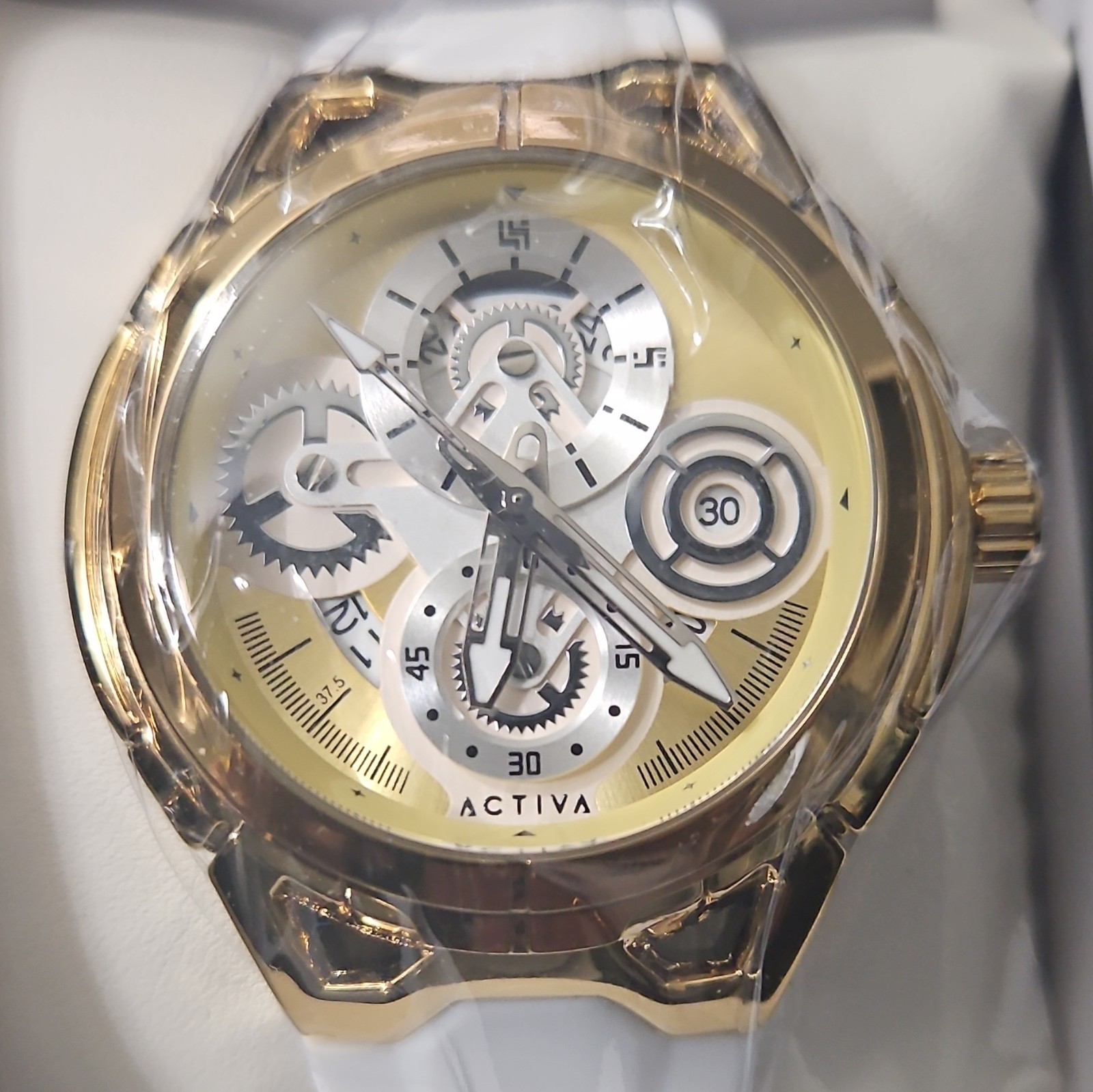 Activa Unisex Quartz 45mm Gold-Tone Steel White Rubber Strap Date 30m Box